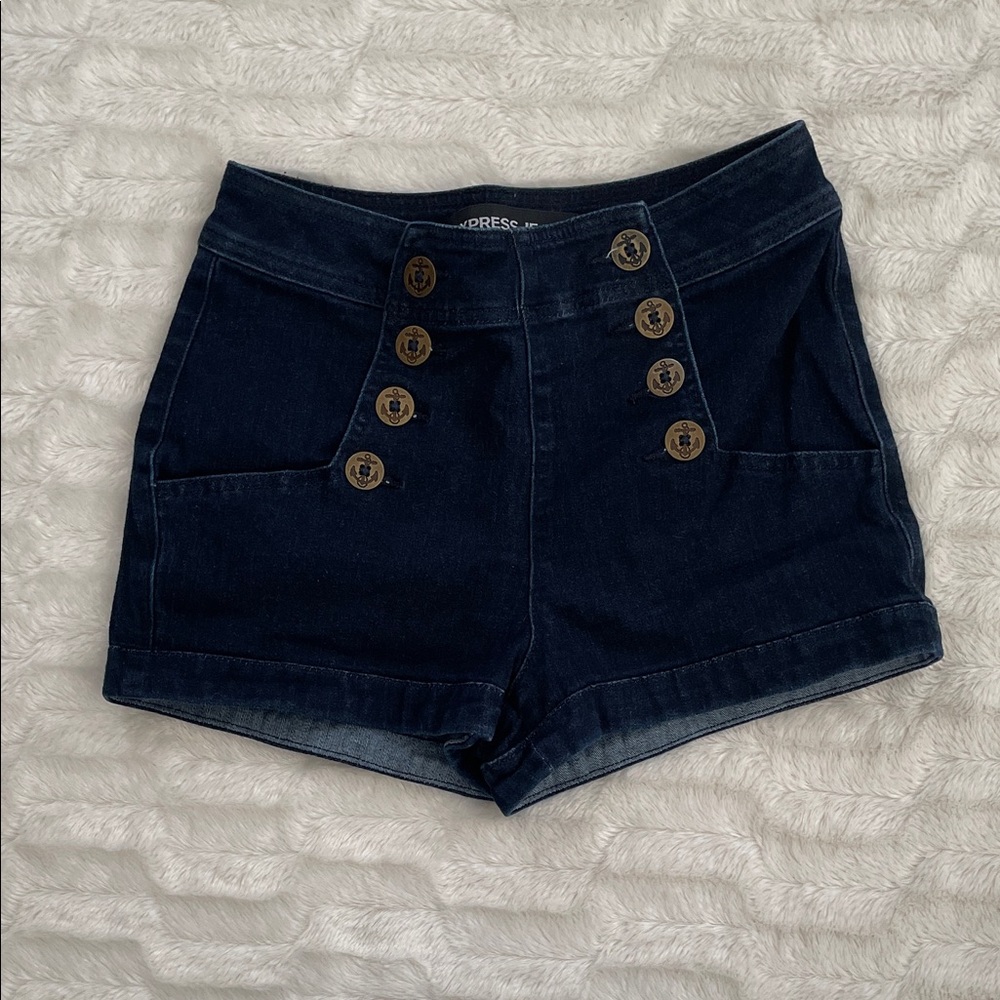 Express Women's Dark Blue High Waist Shorts
